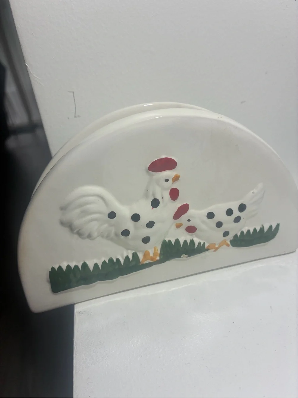 White Ceramic Napkin Holder with Rooster Design Cottage Core Kitchen Decor
